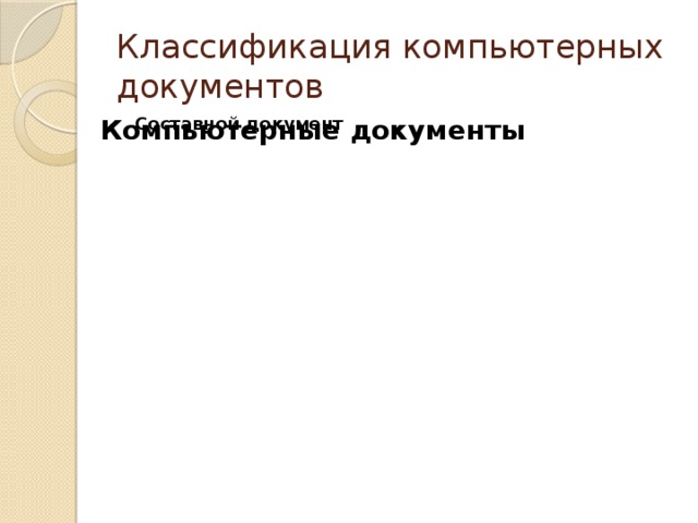 Классификация компьютерных документов Компьютерные документы Текст Графика Таблица База данных Составной документ 