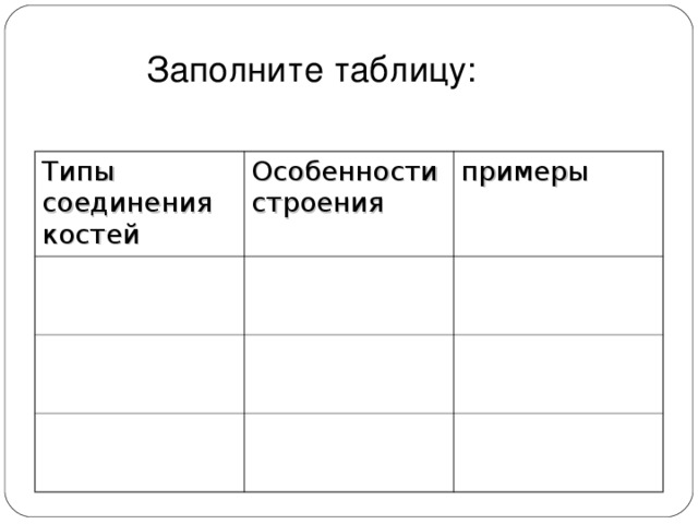 Закрепление знаний Особенности строения скелета, связанные с трудовой деятельностью и прямохождением человека.  Выберите из каждой колонки по одному соответствующие ответы, начиная с первого:  1. Грудная клетка А. Сводчатая 2. Стопа Б. Широкий, как чаша 3. Позвоночник В. Большой палец напротив 4. Верхняя конечность Г. Опора для внутренних органов 5. Таз Д. Защита внутренних органов  Е. Удерживание орудий труда  Ж. Пружинит, смягчает толчки Ответы: 1 - Д 2 – А, Ж 3 - Г, Д, Ж 4 - В, Е 5 - Б, Г, Д 