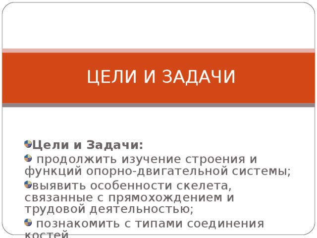 ЦЕЛИ И ЗАДАЧИ Цели и Задачи:  продолжить изучение строения и функций опорно-двигательной системы; выявить особенности скелета, связанные с прямохождением и трудовой деятельностью;  познакомить с типами соединения костей. 