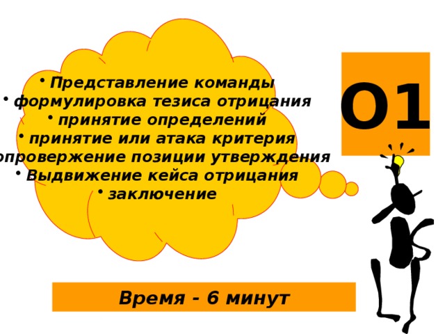 Представление команды формулировка тезиса отрицания принятие определений принятие или атака критерия опровержение позиции утверждения Выдвижение кейса отрицания заключение О1 Время - 6 минут 14 