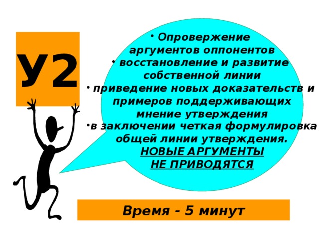 Опровержение аргументов оппонентов восстановление и развитие собственной линии приведение новых доказательств и примеров поддерживающих мнение утверждения в заключении четкая формулировка общей линии утверждения. НОВЫЕ АРГУМЕНТЫ НЕ ПРИВОДЯТСЯ У2 Время - 5 минут 16 