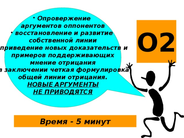 Опровержение аргументов оппонентов восстановление и развитие собственной линии приведение новых доказательств и примеров поддерживающих мнение отрицания в заключении четкая формулировка общей линии отрицания. НОВЫЕ АРГУМЕНТЫ НЕ ПРИВОДЯТСЯ О2 Время - 5 минут 18 