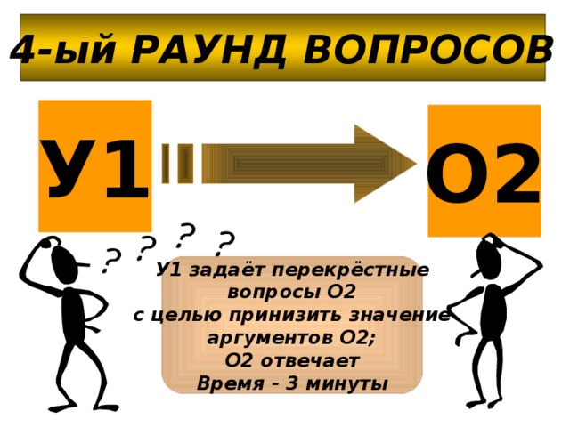 4-ый РАУНД ВОПРОСОВ У1 О2 У1 задаёт перекрёстные вопросы О2 с целью принизить значение аргументов О2; О2 отвечает Время - 3 минуты 18 