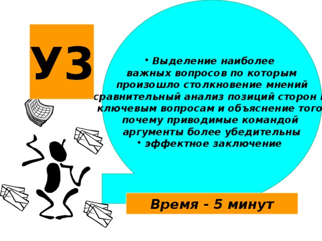 Выделение наиболее важных вопросов по которым произошло столкновение мнений сравнительный анализ позиций сторон по ключевым вопросам и объяснение того, почему приводимые командой аргументы более убедительны эффектное заключение У3 Время - 5 минут 18 