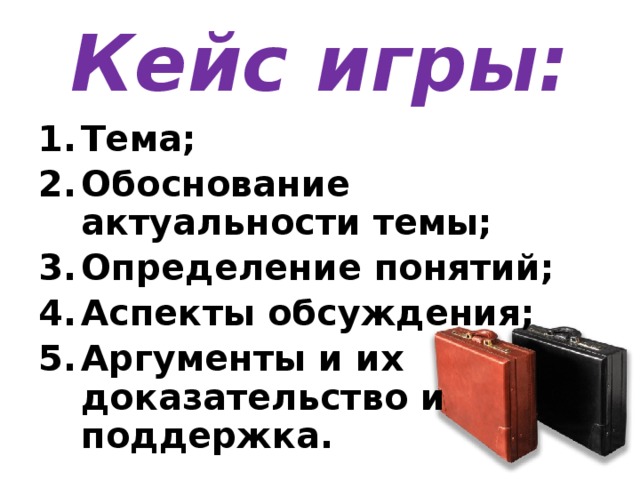 Кейс игры: Тема; Обоснование актуальности темы; Определение понятий; Аспекты обсуждения; Аргументы и их доказательство и поддержка. 