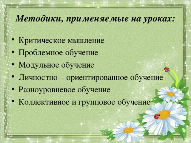 Методики, применяемые на уроках: Критическое мышление Проблемное обучение Модульное обучение Личностно – ориентированное обучение Разноуровневое обучение Коллективное и групповое обучение  
