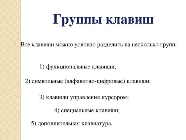 Группы клавиш Все клавиши можно условно разделить на несколько групп: 1) функциональные клавиши; 2) символьные (алфавитно-цифровые) клавиши; 3) клавиши управления курсором; 4) специальные клавиши; 5) дополнительная клавиатура. 