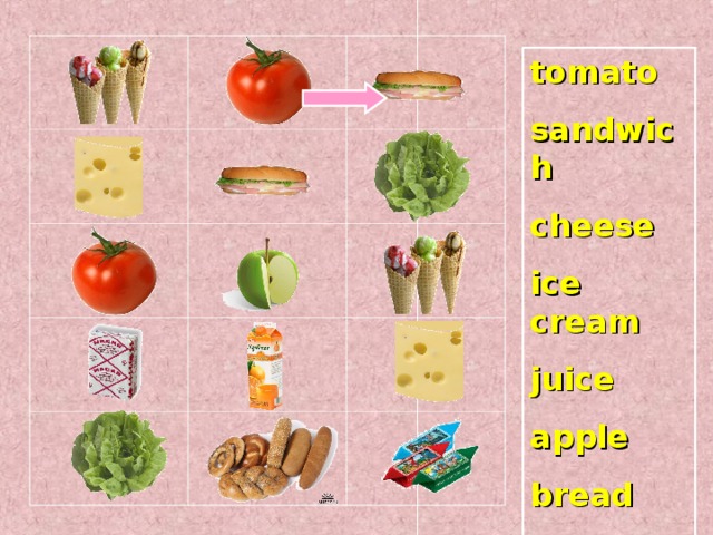 tomato sandwich cheese ice cream juice apple bread butter 