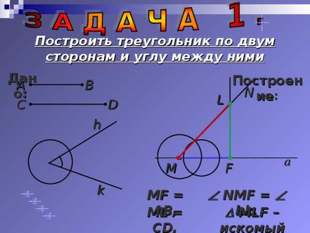 Построить треугольник по двум сторонам и углу между ними  Дано:   Построение : В А N L С D h • а F М k   NMF =   hk , MF = AB , ML = CD ,   MLF – искомый 