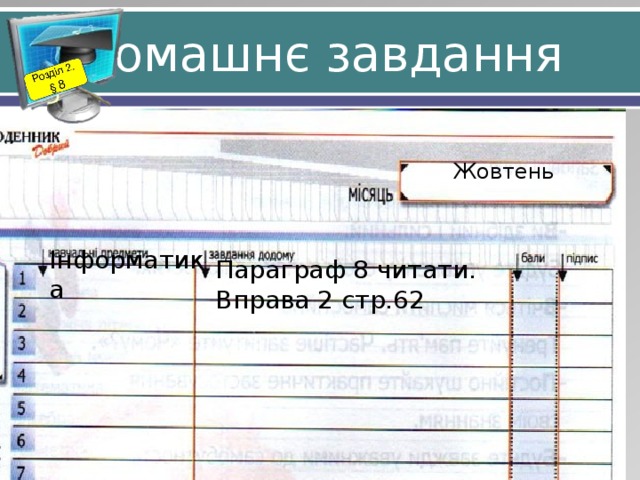 Домашнє завдання Жовтень Інформатика Параграф 8 читати. Вправа 2 стр.62 