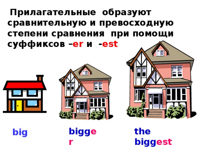  Прилагательные образуют сравнительную и превосходную степени сравнения при помощи суффиксов – er и - est the bigg est bigg er big  