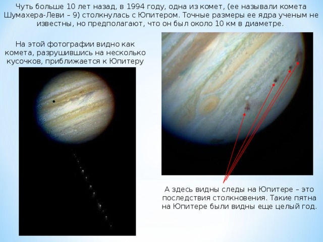 Чуть больше 10 лет назад, в 1994 году, одна из комет, (ее называли комета Шумахера-Леви – 9) столкнулась с Юпитером. Точные размеры ее ядра ученым не известны, но предполагают, что он был около 10 км в диаметре. На этой фотографии видно как комета, разрушившись на несколько кусочков, приближается к Юпитеру А здесь видны следы на Юпитере – это последствия столкновения. Такие пятна на Юпитере были видны еще целый год.  