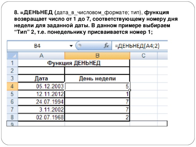 8. =ДЕНЬНЕД ( дата_в_числовом_формате; тип),  функция возвращает число от 1 до 7, соответствующему номеру дня недели для заданной даты. В данном примере выбираем “Тип” 2, т.е. понедельнику присваивается номер 1; 