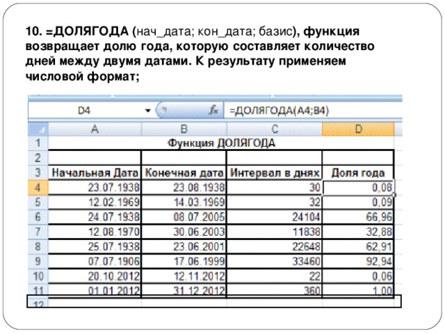 10. =ДОЛЯГОДА ( нач_дата; кон_дата; базис ), функция возвращает долю года, которую составляет количество дней между двумя датами. К результату применяем числовой формат; 