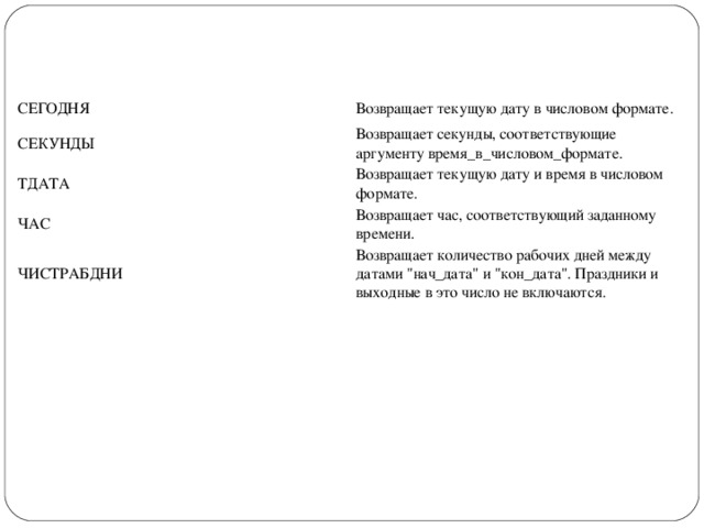 СЕГОДНЯ Возвращает текущую дату в числовом формате. СЕКУНДЫ Возвращает секунды, соответствующие аргументу время_в_числовом_формате. ТДАТА Возвращает текущую дату и время в числовом формате. ЧАС Возвращает час, соответствующий заданному времени. ЧИСТРАБДНИ Возвращает количество рабочих дней между датами 