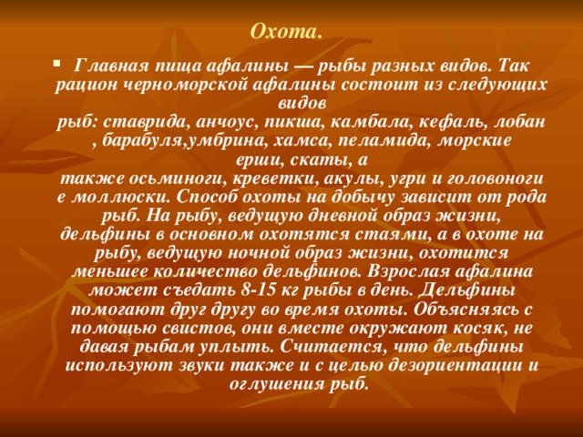 Охота. Главная пища афалины — рыбы разных видов. Так рацион черноморской афалины состоит из следующих видов рыб: ставрида, анчоус, пикша, камбала, кефаль, лобан, барабуля,умбрина, хамса, пеламида, морские ерши, скаты, а также осьминоги, креветки, акулы, угри и головоногие моллюски. Способ охоты на добычу зависит от рода рыб. На рыбу, ведущую дневной образ жизни, дельфины в основном охотятся стаями, а в охоте на рыбу, ведущую ночной образ жизни, охотится меньшее количество дельфинов. Взрослая афалина может съедать 8-15 кг рыбы в день. Дельфины помогают друг другу во время охоты. Объясняясь с помощью свистов, они вместе окружают косяк, не давая рыбам уплыть. Считается, что дельфины используют звуки также и с целью дезориентации и оглушения рыб. 