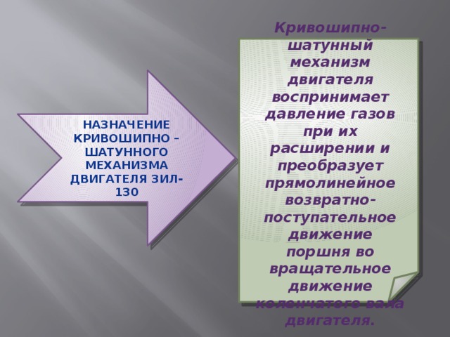 Кривошипно-шатунный механизм двигателя воспринимает давление газов при их расширении и преобразует прямолинейное возвратно-поступательное движение поршня во вращательное движение коленчатого вала двигателя. Назначение кривошипно – шатунного механизма двигателя ЗИЛ-130 