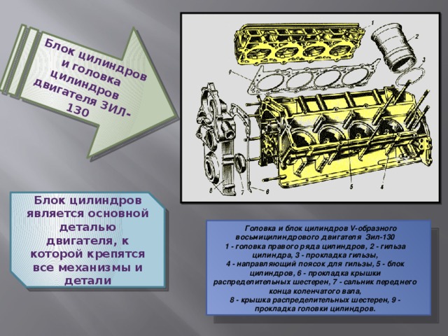 Блок цилиндров и головка цилиндров двигателя ЗИЛ-130 Блок цилиндров является основной деталью двигателя, к которой крепятся все механизмы и детали Головка и блок цилиндров V-образного восьмицилиндрового двигателя Зил-130  1 - головка правого ряда цилиндров, 2 - гильза цилиндра, 3 - прокладка гильзы,  4 - направляющий поясок для гильзы, 5 - блок цилиндров, 6 - прокладка крышки  распределительных шестерен, 7 - сальник переднего конца коленчатого вала,  8 - крышка распределительных шестерен, 9 - прокладка головки цилиндров. 