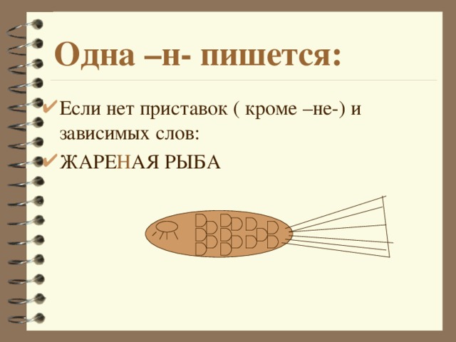 Одна –н- пишется: Если нет приставок ( кроме –не-) и зависимых слов: ЖАРЕ Н АЯ РЫБА  