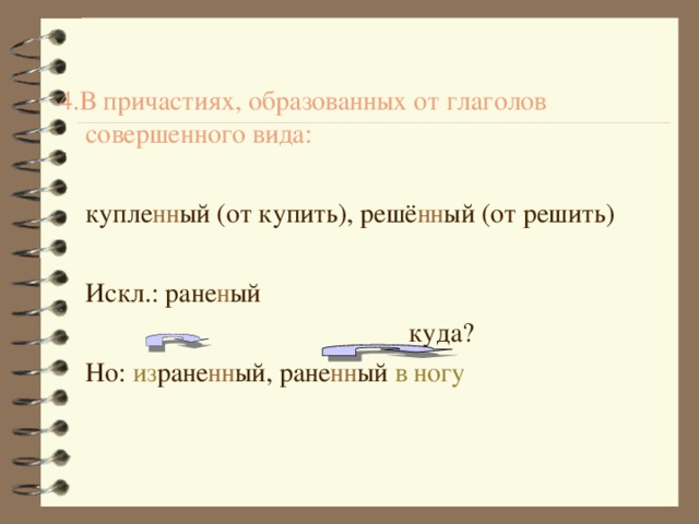 4.В причастиях, образованных от глаголов совершенного вида:  купле нн ый (от купить), решё нн ый (от решить)  Искл.: ране н ый       куда?  Но: из ране нн ый, ране нн ый в ногу 