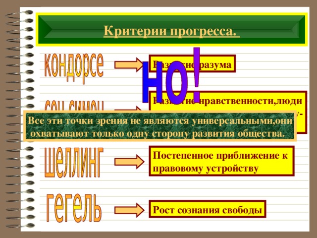 Критерии прогресса. Развитие разума Развитие нравственности,люди должны относиться друг к дру- гу, как братья. Все эти точки зрения не являются универсальными,они  охватывают только одну сторону развития общества. Постепенное приближение к правовому устройству Рост сознания свободы 