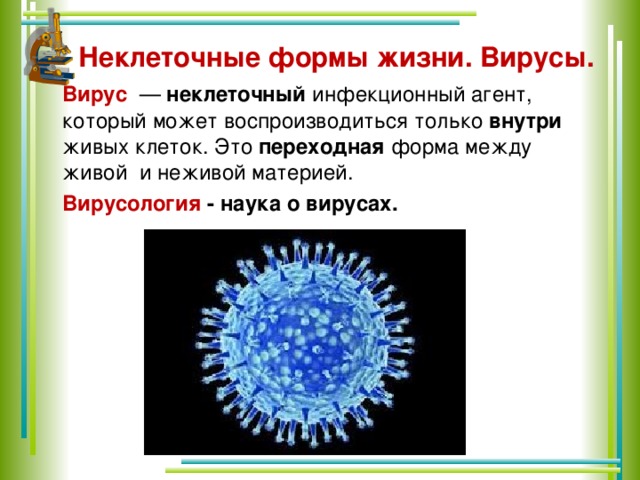   Неклеточные формы жизни. Вирусы.    Вирус   —  неклеточный инфекционный агент, который может воспроизводиться только внутри живых клеток. Это переходная форма между живой и неживой материей.   Вирусология - наука о вирусах. 