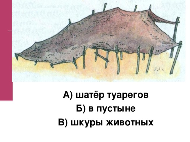А) шатёр туарегов Б) в пустыне В) шкуры животных А) шатёр туарегов Б) в пустыне В) шкуры животных 