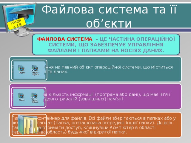 Розділ 2. § 8 Файлова система та її об’єкти Файлова система - це частина операційної системи, що забезпечує управління файлами і папками на носіях даних. Ярлик – посилання на певний об’єкт операційної системи, що міститься на одному з носіїв даних. Файл - це певна кількість інформації (програма або дані), що має ім'я і зберігається в довготривалій (зовнішньої) пам'яті. Папка - це контейнер для файлів. Всі файли зберігаються в папках або у вкладених папках (папка, розташована всередині іншої папки). До всіх папок можна отримати доступ, клацнувши Комп’ютер в області переходів (ліва область) будь-якої відкритої папки. 