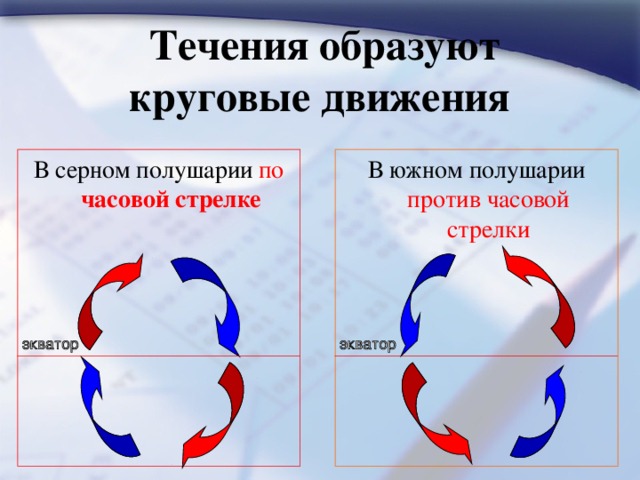 Течения образуют круговые движения В серном полушарии по  часовой стрелке В южном полушарии против часовой стрелки 