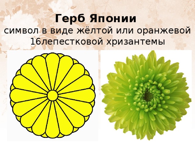 Герб Японии   символ в виде жёлтой или оранжевой 16лепестковой хризантемы 