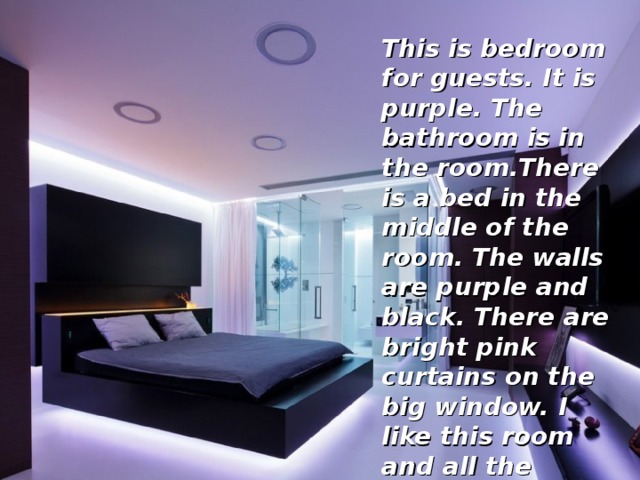 This is bedroom for guests. It is purple. The bathroom is in the room.There is a bed in the middle of the room. The walls are purple and black. There are bright pink curtains on the big window. I like this room and all the guests are happy. 