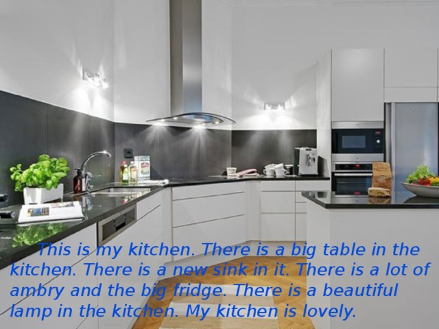  This is my kitchen. There is a big table in the kitchen. There is a new sink in it. There is a lot of ambry and the big fridge. There is a beautiful lamp in the kitchen. My kitchen is lovely.  