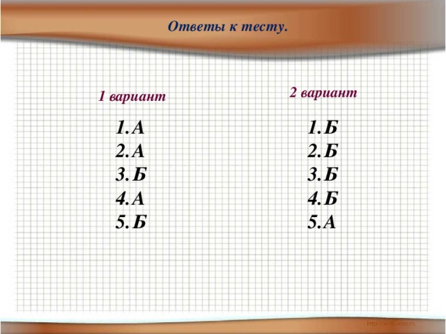 Ответы к тесту. 2 вариант 1 вариант А А Б А Б Б Б Б Б А 