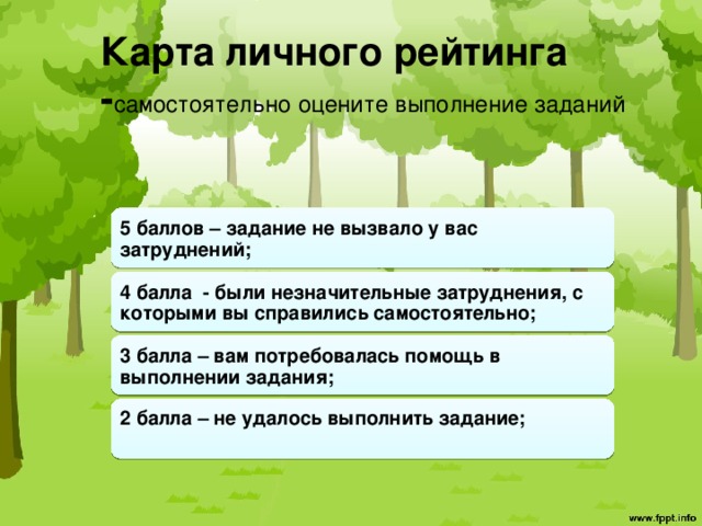 Карта личного рейтинга - самостоятельно оцените выполнение заданий   5 баллов – задание не вызвало у вас затруднений; 4 балла - были незначительные затруднения, с которыми вы справились самостоятельно; 3 балла – вам потребовалась помощь в выполнении задания; 2 балла – не удалось выполнить задание;   