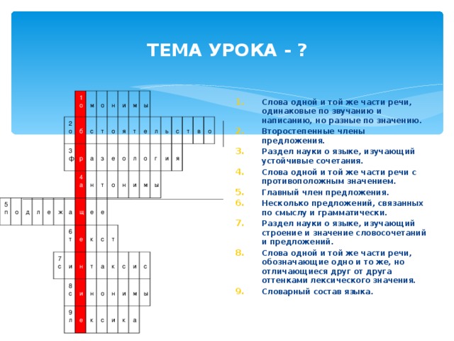 ТЕМА УРОКА - ? 5 п о д   1 о л   2о 2 3 ф   б е     м ж   о р   с а     т   н 4 а   а щ   з   7 с   и о   6 т   н е     м я   е   е     и   т   ы о   н   е   т   8 с   о к   с   и   е   н   л   9 л т   а   о   е   н   и   л   т   к   к   о   м   г   ь   с   и   с   ы   с   н   т   и   и   я   и   с   к   в   м   о   ы   а   Слова одной и той же части речи, одинаковые по звучанию и написанию, но разные по значению. Второстепенные члены предложения. Раздел науки о языке, изучающий устойчивые сочетания. Слова одной и той же части речи с противоположным значением. Главный член предложения. Несколько предложений, связанных по смыслу и грамматически. Раздел науки о языке, изучающий строение и значение словосочетаний и предложений. Слова одной и той же части речи, обозначающие одно и то же, но отличающиеся друг от друга оттенками лексического значения. Словарный состав языка.  