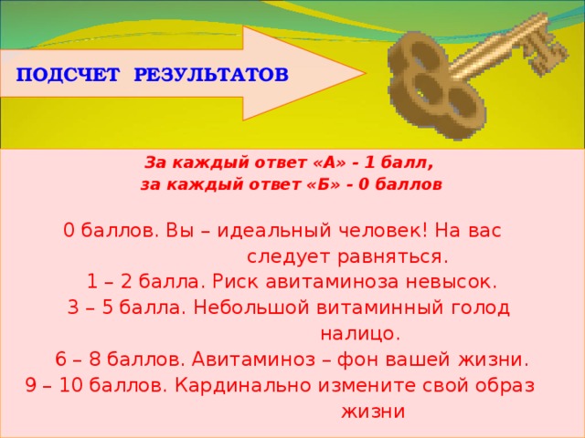 ПОДСЧЕТ РЕЗУЛЬТАТОВ За каждый ответ «А» - 1 балл, за каждый ответ «Б» - 0 баллов  0 баллов. Вы – идеальный человек! На вас  следует равняться. 1 – 2 балла. Риск авитаминоза невысок. 3 – 5 балла. Небольшой витаминный голод  налицо. 6 – 8 баллов. Авитаминоз – фон вашей жизни. 9 – 10 баллов. Кардинально измените свой образ  жизни 