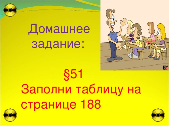  Домашнее  задание:  § 51  Заполни таблицу на странице 188 