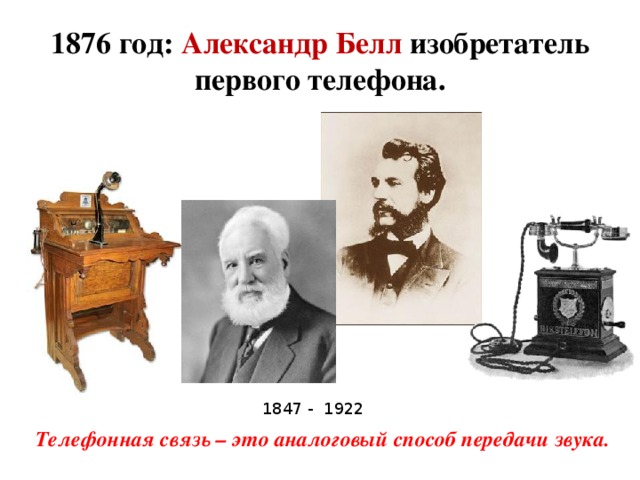 1876 год: Александр Белл изобретатель первого телефона. 1847 - 1922  Телефонная связь – это аналоговый способ передачи звука. 