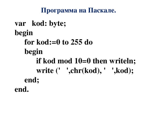 Программа на Паскале. var kod: byte; begin  for kod:=0 to 255 do  begin  if kod mod 10=0 then writeln;  write (' ',chr(kod), ' ',kod);  end; end. 