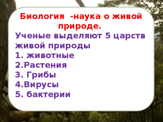 Биология -наука о живой природе. Ученые выделяют 5 царств живой природы 1. животные 2.Растения 3. Грибы 4.Вирусы 5. бактерии   