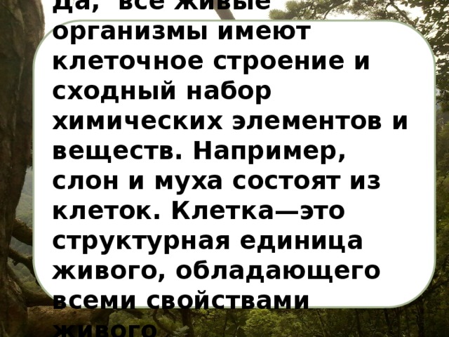 Да, все живые организмы имеют клеточное строение и сходный набор химических элементов и веществ. Например, слон и муха состоят из клеток. Клетка—это структурная единица живого, обладающего всеми свойствами живого 