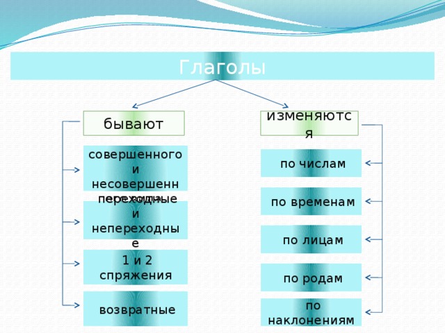 Глаголы изменяются бывают  совершенного и несовершенного вида  по числам  по временам  переходные и непереходные  по лицам  1 и 2 спряжения  по родам  возвратные  по наклонениям 