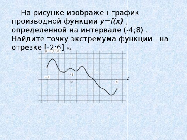  На рисунке изображен график производной функции y=f(x ) , определенной на интервале (-4;8) . Найдите точку экстремума функции на отрезке [-2;6] 