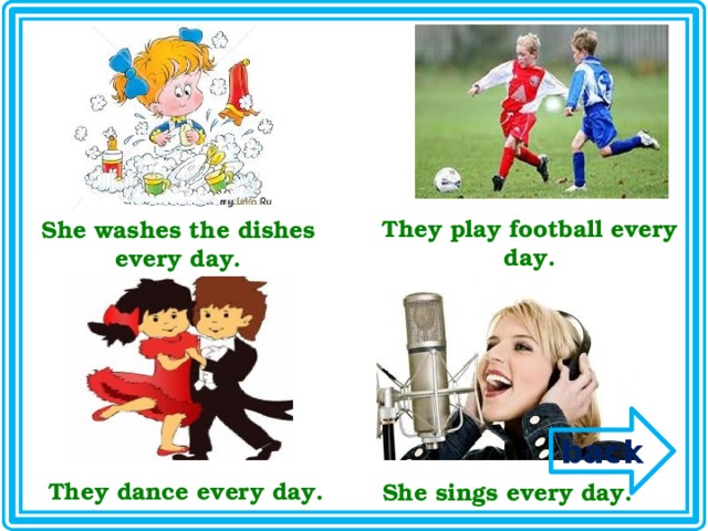 They play football every day. She washes the dishes every day. back They dance every day. She sings every day. 