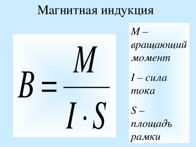 Магнитная индукция М –вращающий момент I – сила тока S – площадь рамки 