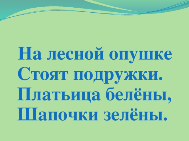 Стоят на опушке. На Лесной опушке стоят подружки платьица белены шапочки зелены. На Лесной опушке стоят подружки. Загадка штоето на Лесной опушке стоят подружки белы шапочки зелены. На Лесной опушке стоят подружки.платьица белы,шапочки зелены.ответ.