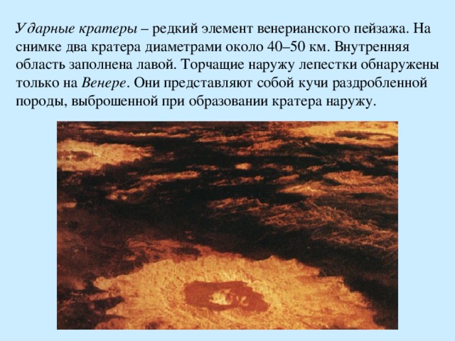Ударные кратеры – редкий элемент венерианского пейзажа. На снимке два кратера диаметрами около 40–50 км. Внутренняя область заполнена лавой. Торчащие наружу лепестки обнаружены только на Венере . Они представляют собой кучи раздробленной породы, выброшенной при образовании кратера наружу. 
