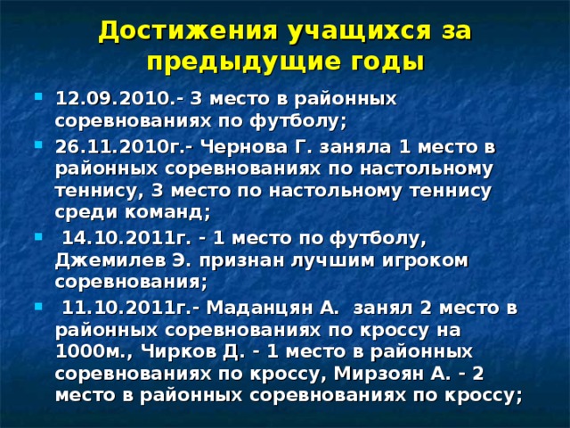 Достижения учащихся за предыдущие годы 12.09.2010.- 3 место в районных соревнованиях по футболу; 26.11.2010г.- Чернова Г. заняла 1 место в районных соревнованиях по настольному теннису, 3 место по настольному теннису среди команд;  14.10.2011г. - 1 место по футболу, Джемилев Э. признан лучшим игроком соревнования;  11.10.2011г.- Маданцян А. занял 2 место в районных соревнованиях по кроссу на 1000м., Чирков Д. - 1 место в районных соревнованиях по кроссу, Мирзоян А. - 2 место в районных соревнованиях по кроссу; 