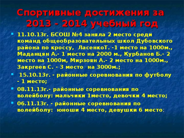 Спортивные достижения за  2013 - 2014 учебный год 11.10.13г. БСОШ №4 заняла 2 место среди команд общеобразовательных школ Дубовского района по кроссу, ЛасенкоТ. -1 место на 1000м., Маданцян А.- 1 место на 2000 м., Курбанов Б.- 2 место на 1000м, Мирзоян А.- 2 место на 1000м., Закргеев С. - 3 место на 3000м.;  15.10.13г. - районные соревнования по футболу - 1 место; 08.11.13г.- районные соревнования по волейболу: мальчики 1место, девочки 4 место; 06.11.13г. - районные соревнования по волейболу: юноши 4 место, девушки 6 место ; 