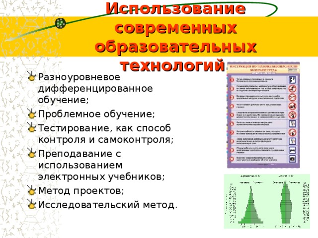 Использование современных образовательных технологий. Разноуровневое дифференцированное обучение; Проблемное обучение; Тестирование, как способ контроля и самоконтроля; Преподавание с использованием электронных учебников; Метод проектов; Исследовательский метод. 